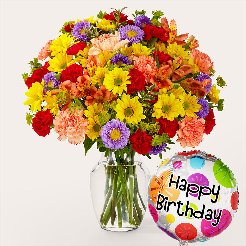 Kaleidoscope Bouquet with Birthday Balloon – FORGET ME NOT FLOWERS & GIFTS, Walnut Creek CA