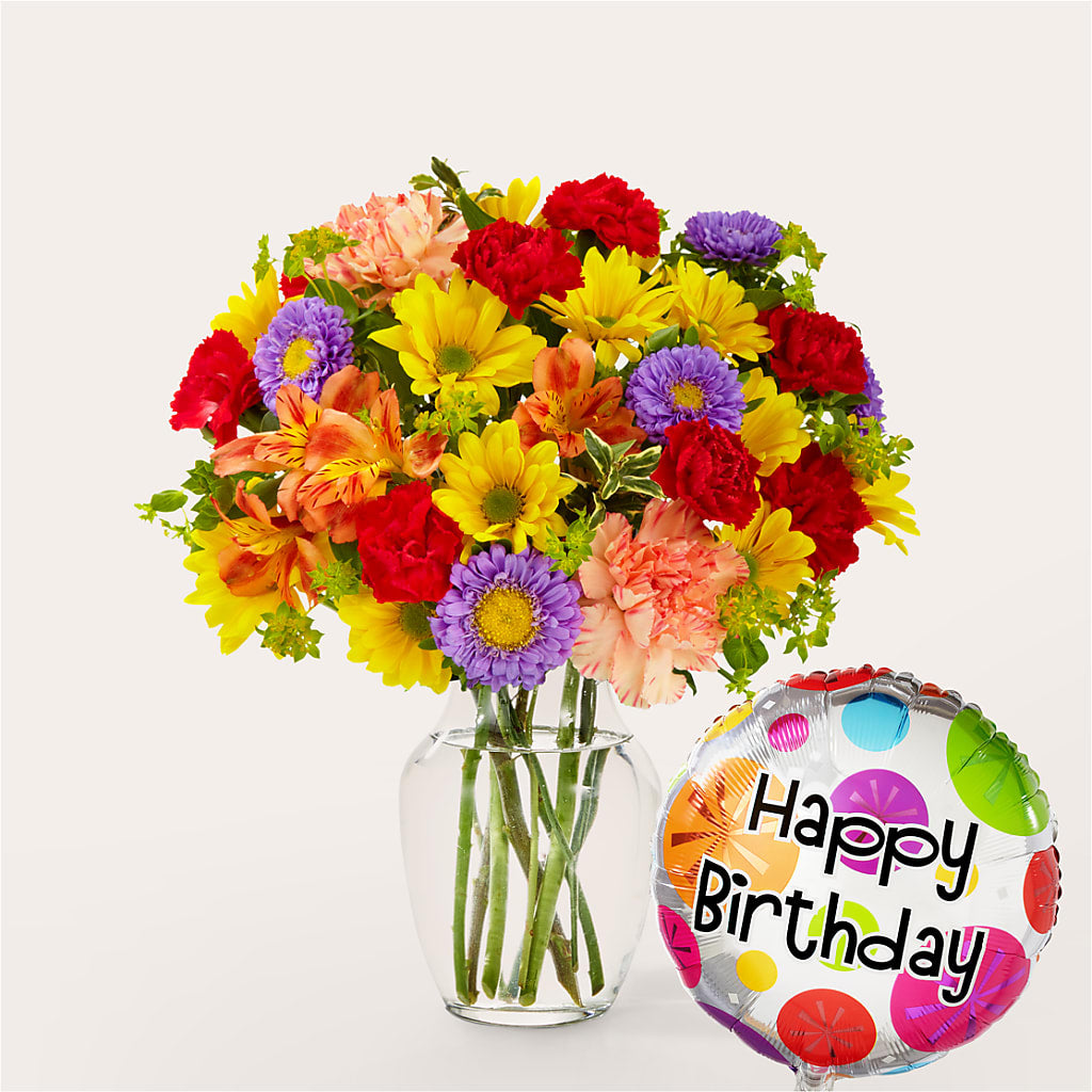 Kaleidoscope Bouquet with Birthday Balloon – FORGET ME NOT FLOWERS & GIFTS, Walnut Creek CA
