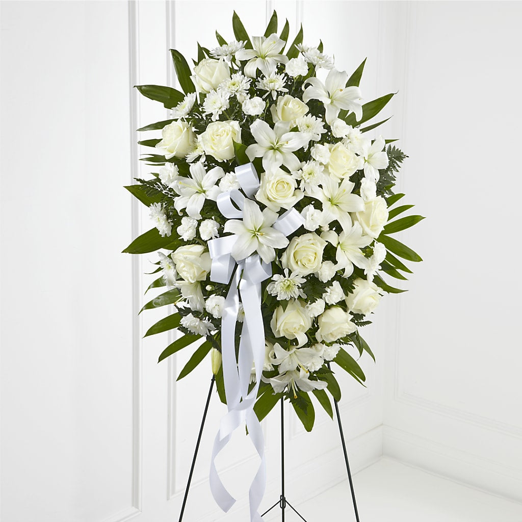 Exquisite Tribute Standing Spray-White Ribbon – FORGET ME NOT FLOWERS & GIFTS, Walnut Creek CA